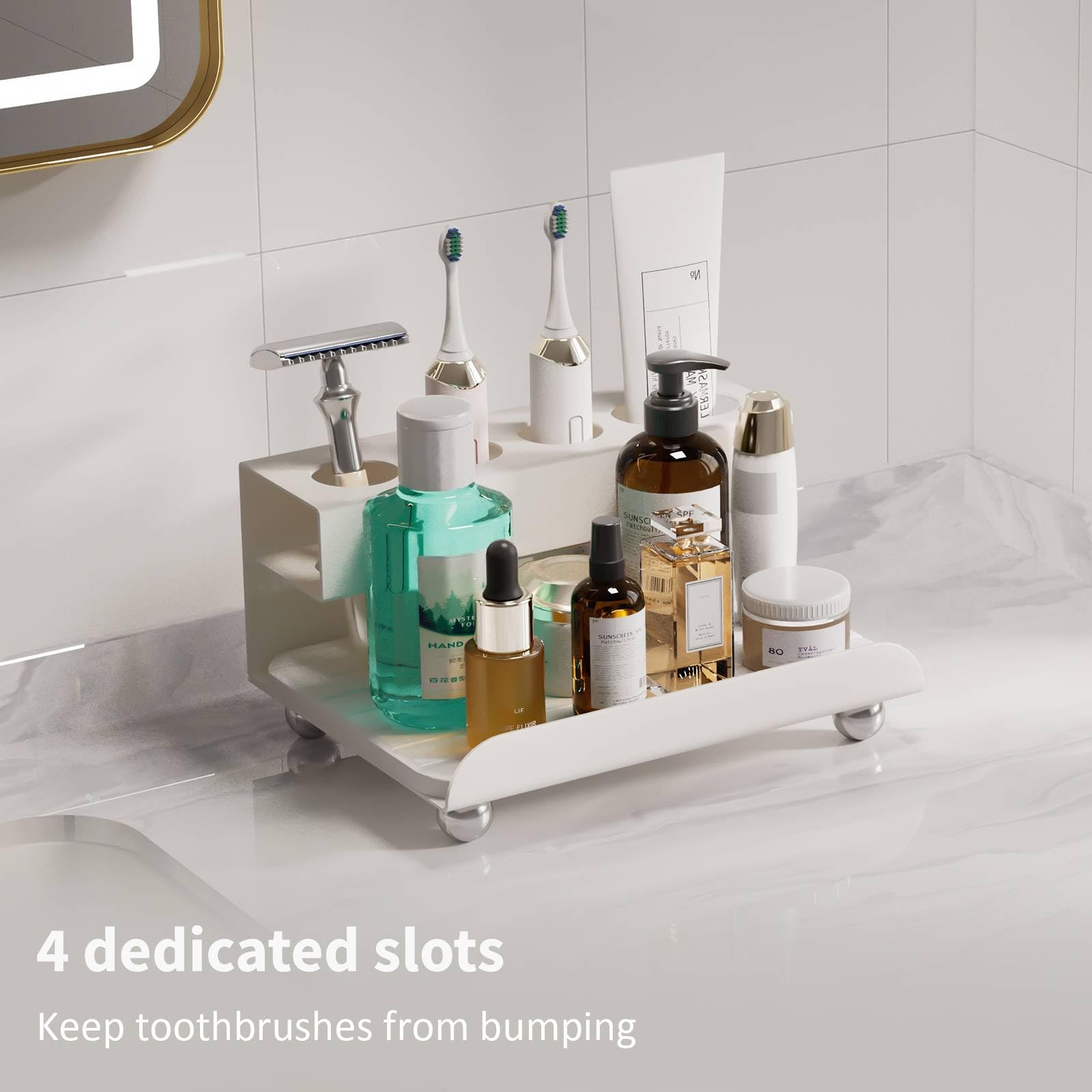 YOOLENS Quick Dry Electric Toothbrush Holder 4 Slots Metal Bathroom Counter Organizer for Toothpaste Razor Mouthwash, White