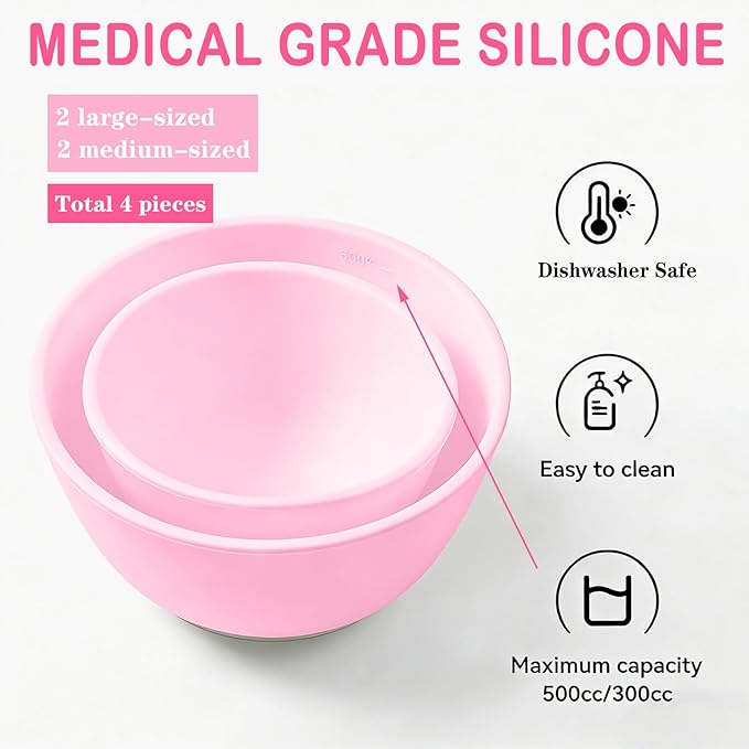 Bigwinyep 4Pcs Silicone Facial Mask Bowl DIY Face Mask Mixing Bowl for for Home Salon Spa Face Skin Applicator Bowl, Pink