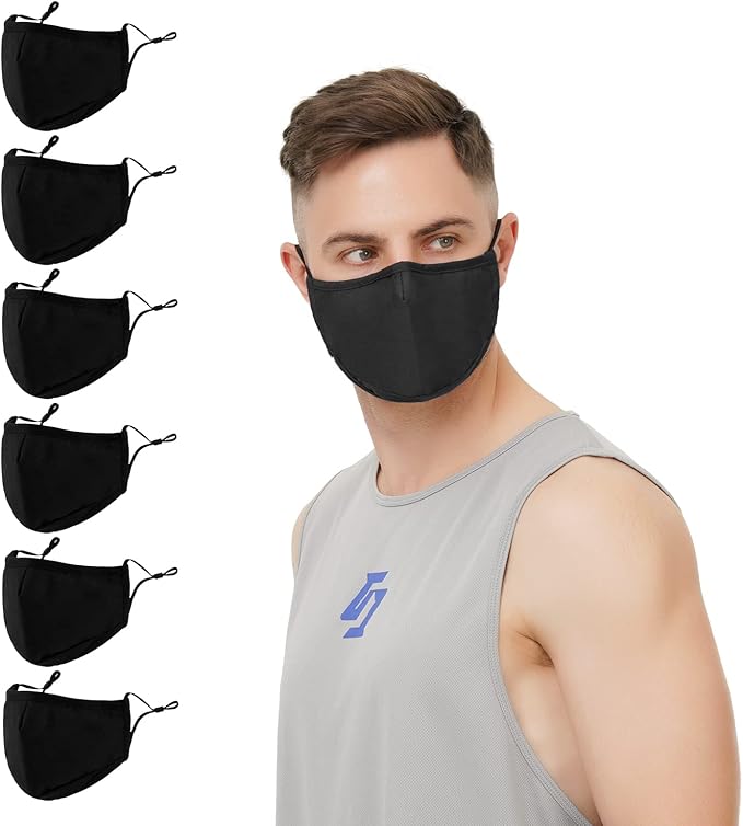 3-Ply Cloth Face Mask 6 Pack,Washable, Reusable and Breathable Face Covering with Adjustable Ear Protection Loops women/men (Black*6)