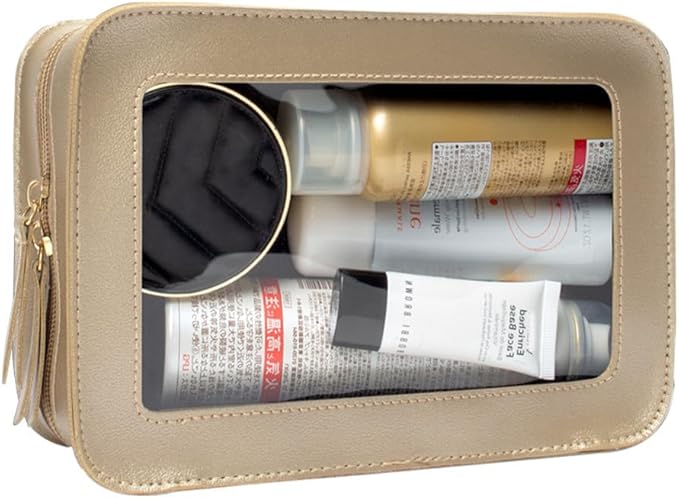 Clear Makeup Bag Organizer, TSA Approved Portable Travel Toiletry Bag Clear Cosmetic Bag Case Small Make Up Bag Mini Makeup Pouch for Purse Transparent Car Essentials for Women Men (Gold)