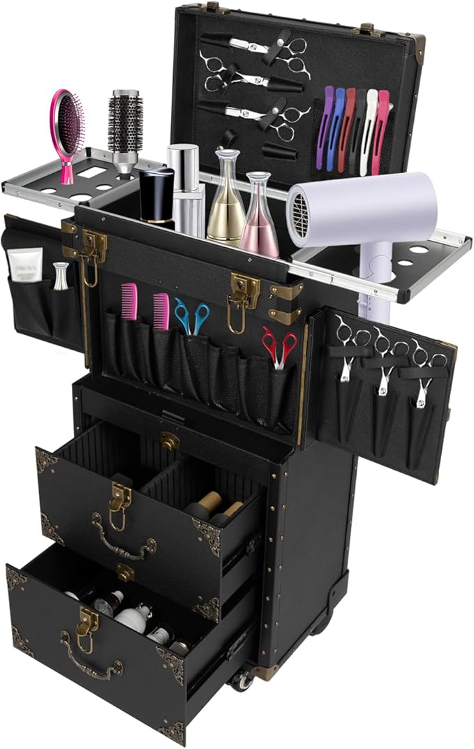 Mahugde Beauty Salon Luggage Rolling Lockable Makeup Train Trolley Stylist Beauty Salon Cosmetic Luggage Travel Organizer Tool Box for Barbershops Beauty Salons
