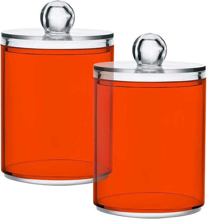 Orange Red Qtip Holder Organizer Dispenser Cotton Swabs Cans Plastic Jars with Lid Set 2 Pack Bathroom Storage Canister for Cotton Ball Floss Cotton Pads
