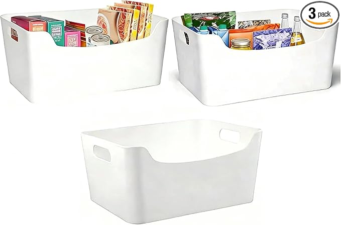 3 Pack Large Plastic Storage Bins with Handles, 13.7x10.2x5.7 Inch Stackable White Organizer Containers for Kitchen, Pantry, Closet, Bathroom, Office, Cabinet, Drawer, Snack, Toy & Makeup Organization