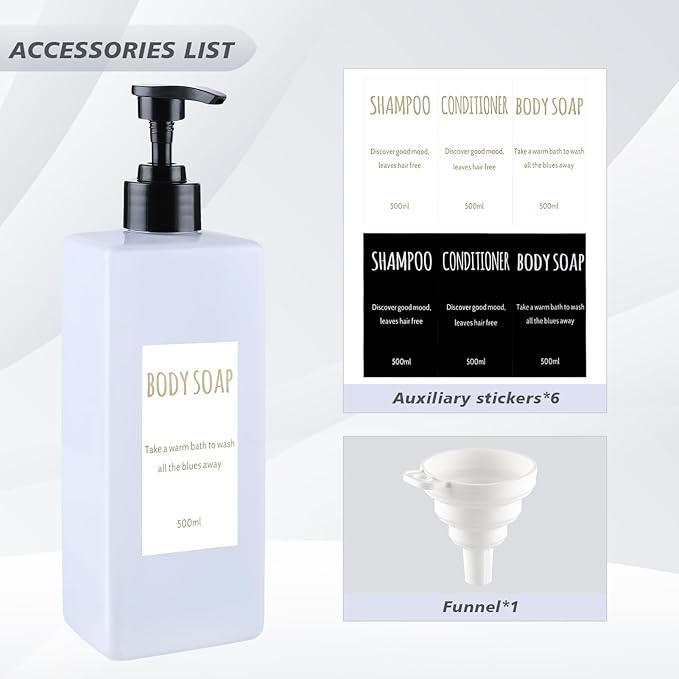 DEROANBOTT Shampoo and Conditioner Dispenser (Set of 2, 16.9oz) Modern Refillable Shampoo Pump Bottles for Shower Soap - Empty Body Wash Dispenser Set for Bathroom (White+Black)