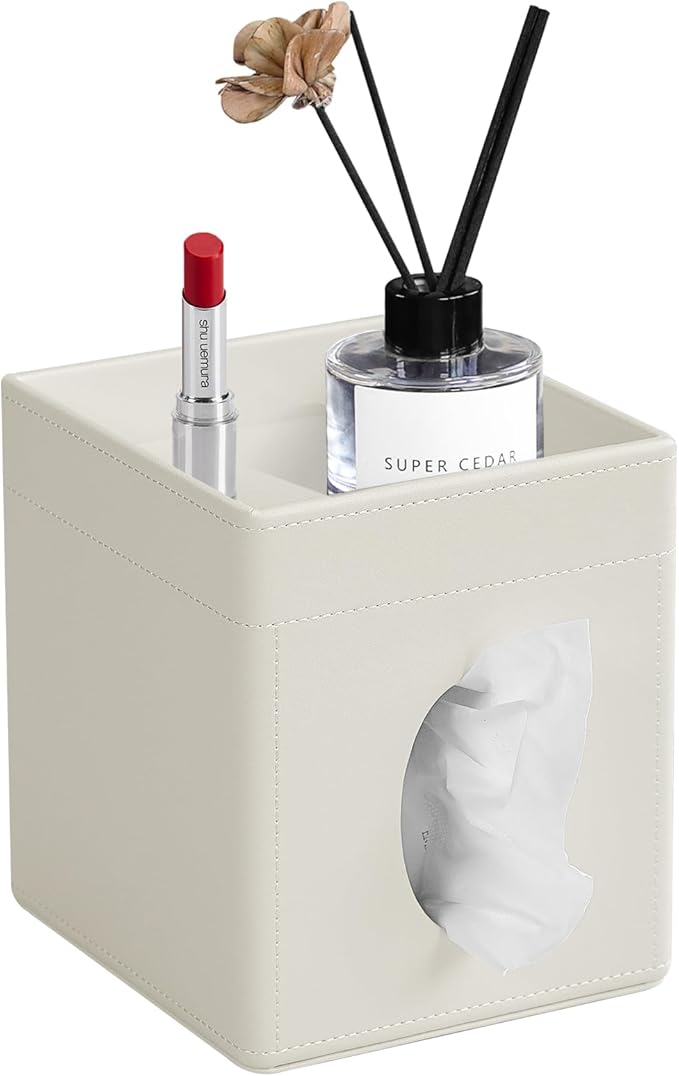 Cretkhp Tissue Box Cover, PU Leather Square Tissue Box Holder with Storage Tray for Bathroom Vanity Countertop Night Stands Bedroom Office Desk, Stylish Tissue Holder Decorative Organizer (Cream)