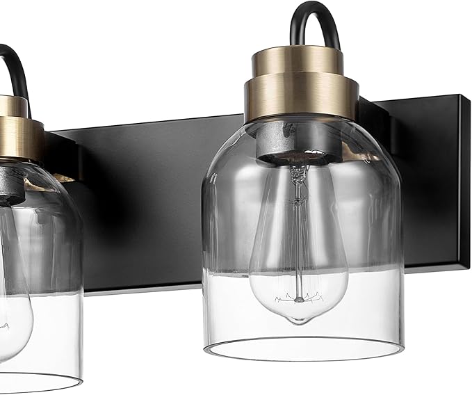 Globe Electric 22" 3-Light Matte Black Vanity Light with Matte Brass Accents and Glass Shades