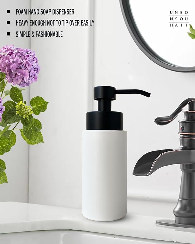UNBONSOUHAIT 9.5 Oz Foaming Soap Dispenser for Bathroom,Kitchen Foam Soap Dispenser,Refillable Modern Foam Pump Bottle,Black Ceramic Foaming Hand Pump Dispenser (White)