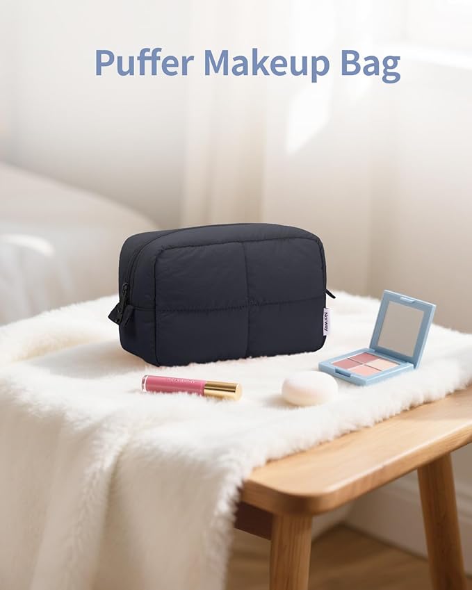Narwey Travel Makeup Bag for Women Girl, Quilted Cosmetic Bag Make Up Organizer Bags, Puffer Travel Toiletry Bag for Toiletries (Black)