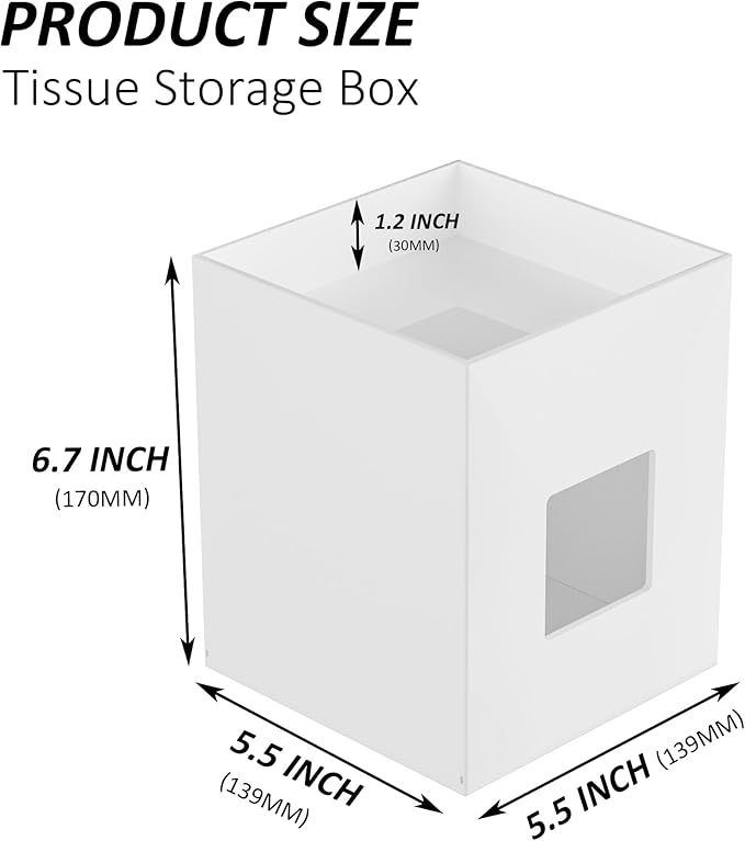 Hongtuocb White Acrylic Tissue Box Cover with Storage Tray,Square Acrylic Tissue Box Holder Napkin Dispenser for Bathroom Kitchen Home Office(White, 5.5x5.5x6.7)