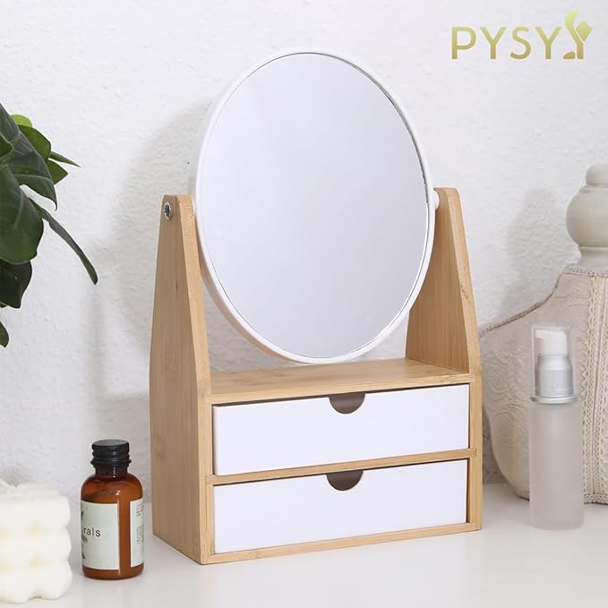 PYSYY 1x / 5X Magnifying Makeup Mirror, Jewelry and Cosmetics Storage Box with Double Drawers, Adjustable Natural Bamboo Stand, 360° rotatable Vertical Desktop Mirror (1, Oval)