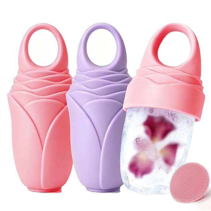 Mabnuby Ice Roller for Face and Eye, Reusable Silicone Ice Facial Roller for Reducing Puffiness, Ice Face Mold Skin Care, Ice Cube Roller Tools for Women - Pink 2 + Purple 1