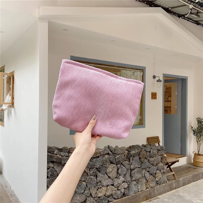 PAZIMIIK Makeup Bag Large Zipper Corduroy Make Up Pouch for Purse Travel Canvas Cosmetic Organizer for Women Brush Storage,Pink