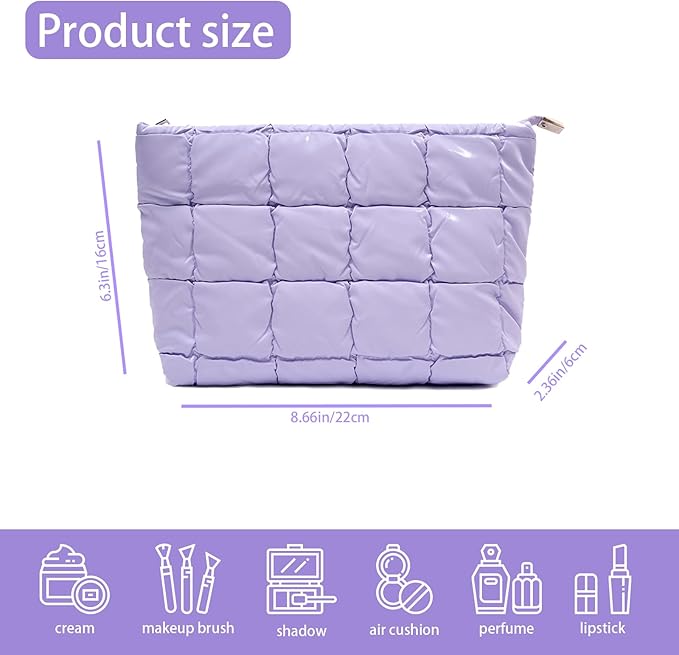 Beayuva Puffer Quilted Makeup Bag Cosmetic Bag Travel Portable Puffy Checkered Toiletry Pouch Skincare Organizer Purse (Purple)