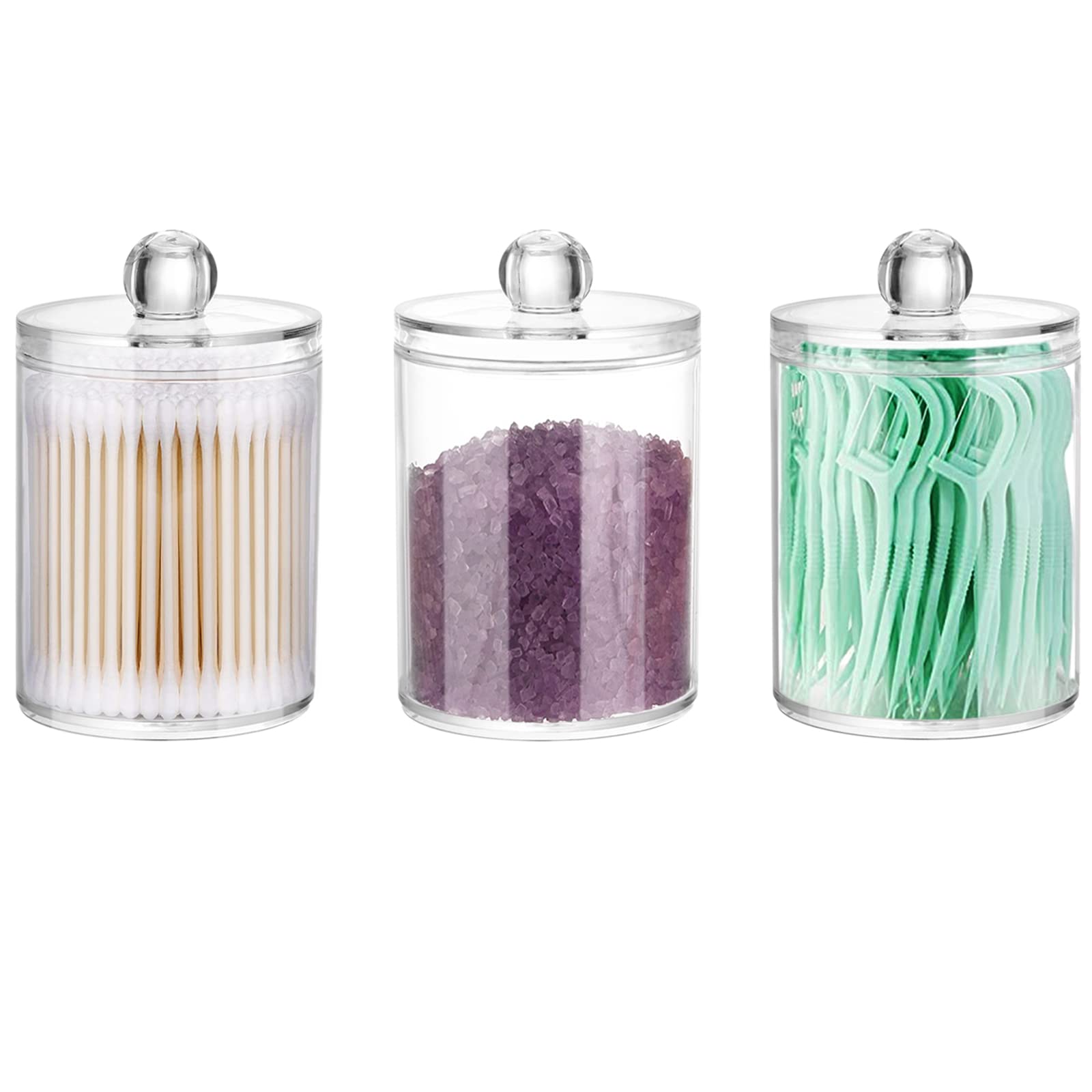 DAPOWER 3 Pack Qtip Holder Storage Canister for Cotton Ball, Cotton Swab, Pads, Floss; 10-Ounce Clear Plastic Apothecary Jar with Lid, Bathroom Makeup Organizer (3)