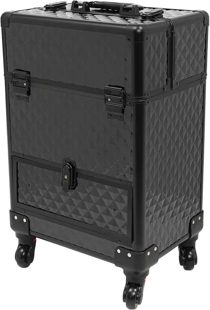 GUEYYSAN Rolling Makeup Case, Nail Storage Box with Wheels Portable Makeup Trolley for Beauty Studio Hairdressers Nail Technician (Black)