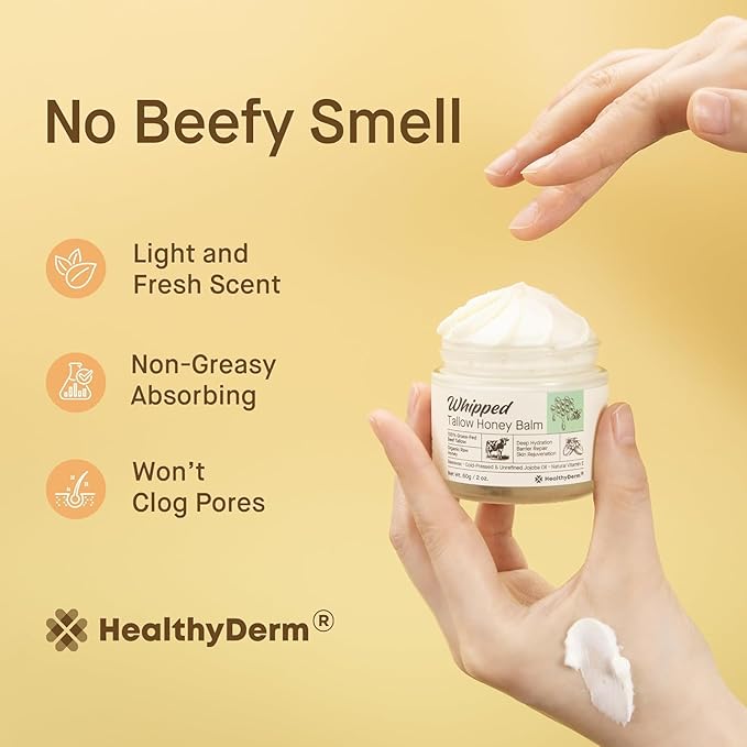 Beef Tallow Honey Balm for Skin: 100% Grass Fed Whipped Organic Moisturizer with Organic Raw Honey, Jojoba Oil, Vitamin E – Natural Face and Body Care for Mature, Dry or Sensitive Skin, 4oz