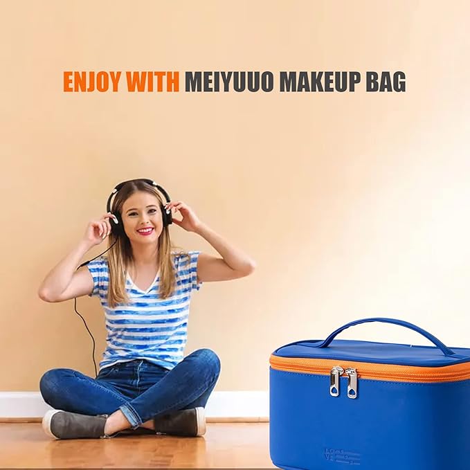 Meiyuuo Travel Makeup Bag for Women, PU Leather Cosmetic Bag, Navy Blue