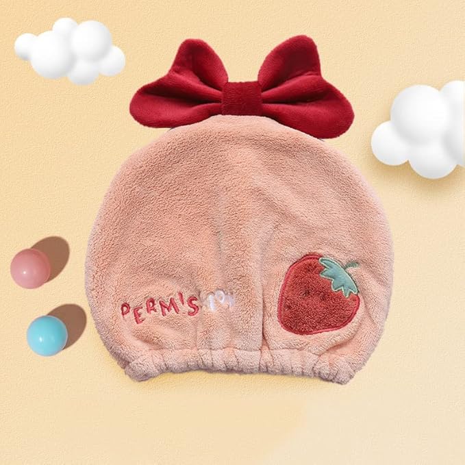 Hair Drying Towel for Kids Girls, Cute Cartoon Absorbent Quick Drying Bath Wrap Set for Bathing, Swimming Pool, Soft Microfiber Cap for Curly Long & Wet Hair, Pink Strawberry