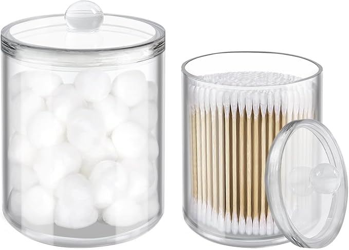 YOLCAR 2 Pack Cotton Swab Holder, Transparent Acrylic Organizer with Lid, Clear Dispenser for Swabs, Bathroom Organizer and Storage, Home Decor, 10oz and 12oz
