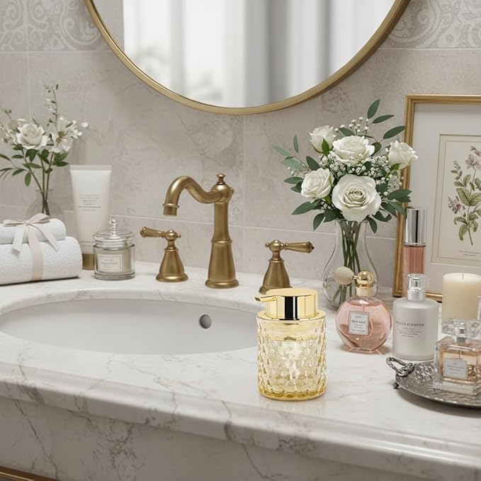 Fvstar 10 Oz Glass Hand Soap Dispenser with Pump, Refillable Bathroom Gold Foaming Soap Dispenser, Vintage Glass Diamond Lotion Container Bottle for Bathroom and Kitchen (1, Amber and Gold)