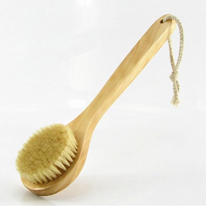 HiKin 11.8“ Long Handle Dry Bath Body Brush Back Scrubber, Wooden Handle Shower Brush with Natural Boar Bristles, Good for Exfoliating, Cellulite, Detox, Blood Circulation, etc.