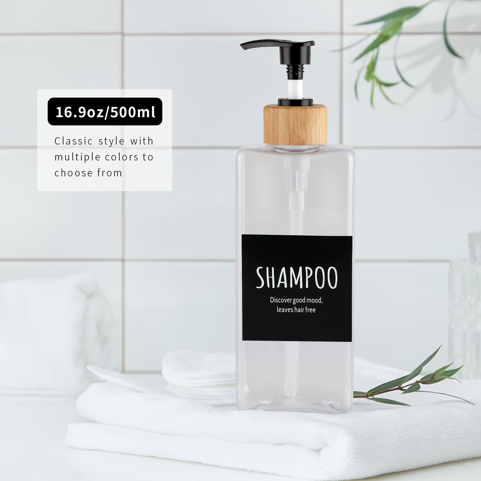 Shampoo and Conditioner Dispenser, Set of 3 16.9oz Refillable Shower Bottles Soap Dispenser with Waterproof Labels, Empty Plastic Bamboo Pump Body Wash Dispenser Set for Bathroom Hotel Tawny