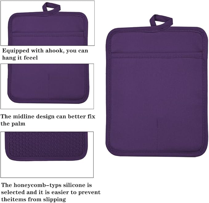 VEIKERY Oven Pot Holder with Pocket Cotton Heat Resistant Coaster Potholder Kitchen Hot Pad Oven Mitts for Cooking and Baking Square 7"x9" (Purple, Silicone)