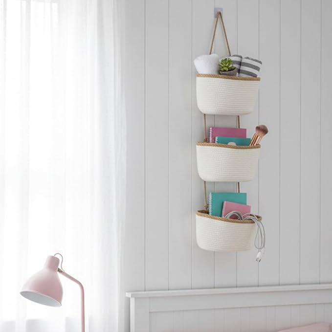TeoKJ 3-Tier Wall hanging Storage Bags, Over the Door Organizer, Decorative Cotton Rope Hanging Baskets, White & Dark Brown