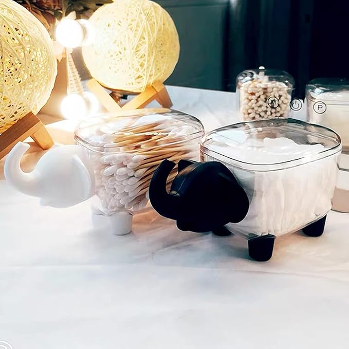 2 Pack Qtip Holders,Acrylic Cotton Ball Holder Dispenser with Lid,Cute Cotton Swab Holders, Bathroom Jars, Restroom Vanity Organizer Canister for Counter,Small Containers for Makeup Storage(Elephant)