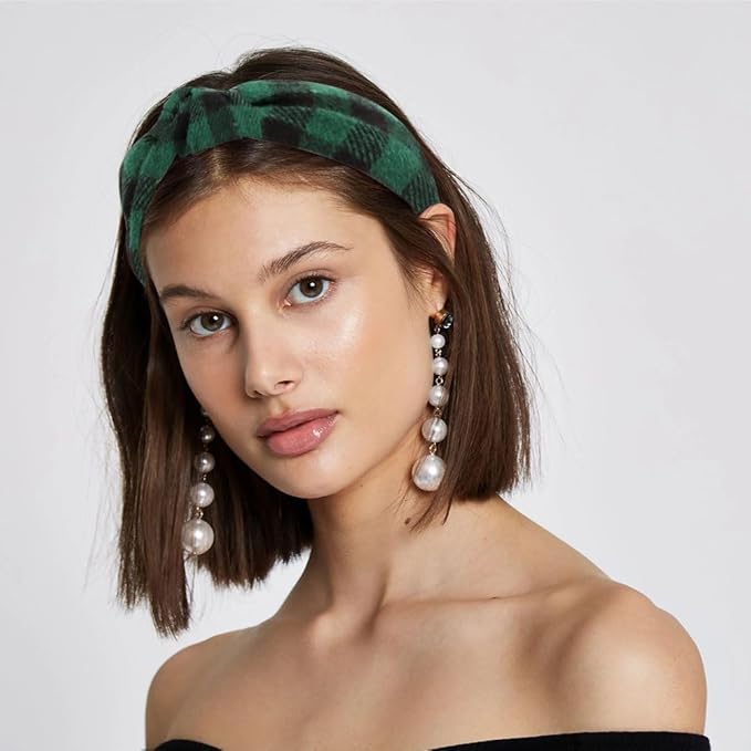 AHONEY 5 Pack Green Knotted Headbands for Women Girls Christmas Plaid Headbands Non Slip Velvet Hairbands Cute Hair Accessories Multi-style Headband Pack