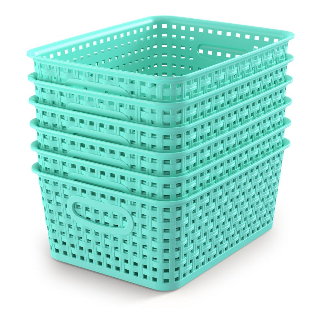 WYT 6-Pack Plastic Small Shelf Storage Weave Baskets Organizing for Cabinets and Pantries, Sky Blue
