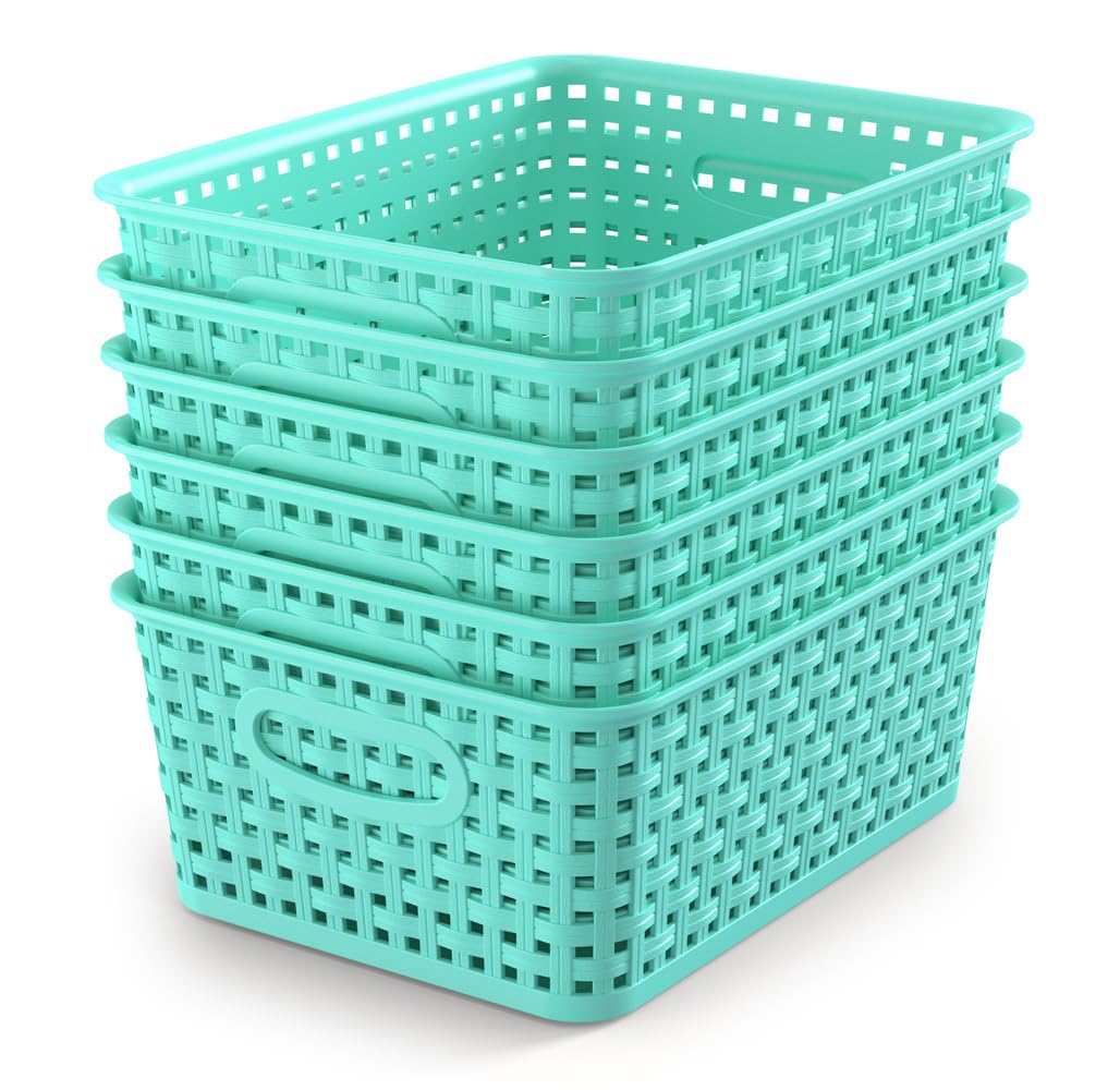 WYT 6-Pack Plastic Small Shelf Storage Weave Baskets Organizing for Cabinets and Pantries, Sky Blue