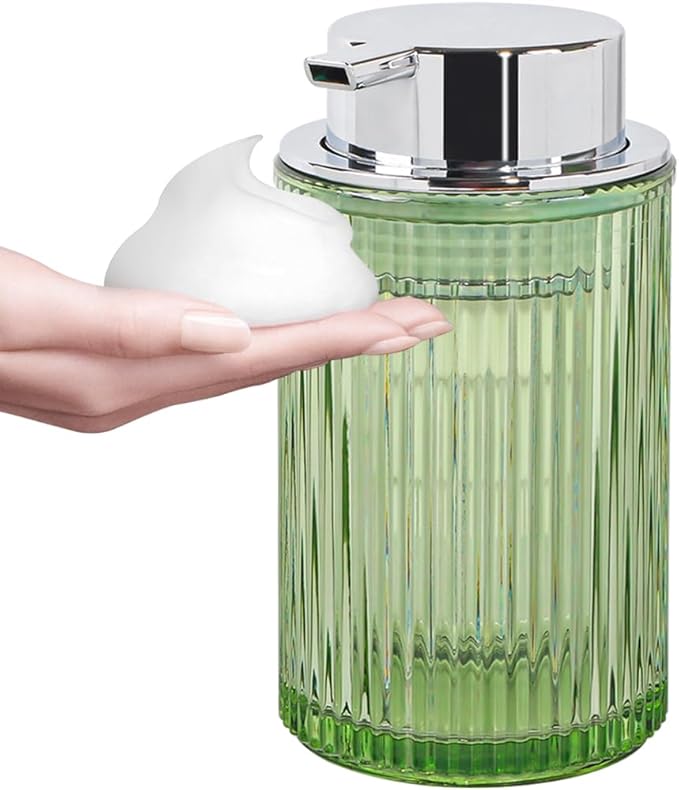 Tonxus Foaming Soap Dispenser, Bathroom Green Glass Foam Soap Dispenser, Refillable 12 Oz Foam Pump Bottle Container with Silver Pump, Decorative Slim Ribbed Dish Soap Dispenser for Kitchen