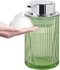 Tonxus Foaming Soap Dispenser, Bathroom Green Glass Foam Soap Dispenser, Refillable 12 Oz Foam Pump Bottle Container with Silver Pump, Decorative Slim Ribbed Dish Soap Dispenser for Kitchen