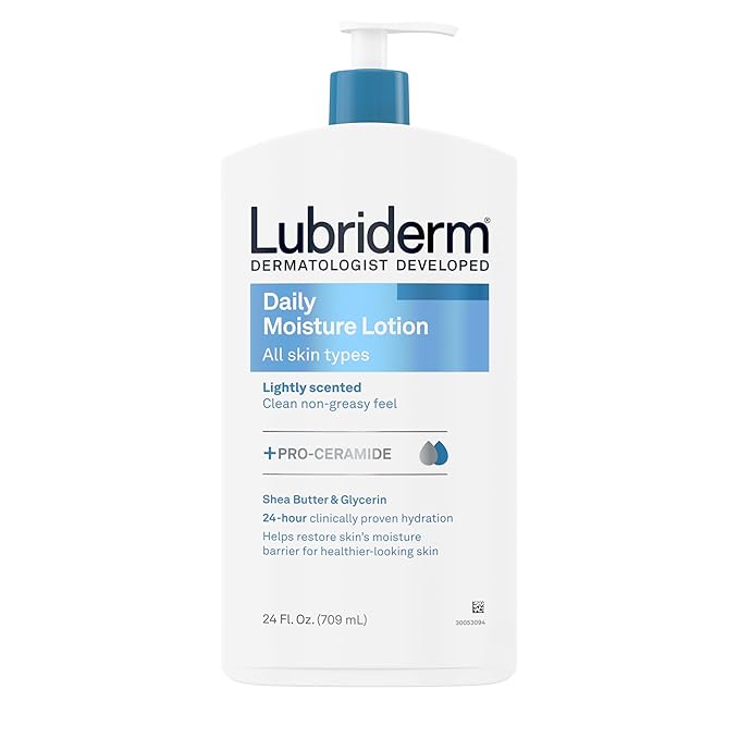 Lubriderm Daily Moisture Body Lotion + Pro-Ceramide, Body Lotion for Dry Skin, Shea Butter, Glycerin, Lightly Scented Hand Lotion, Non-Greasy 24-Hour Moisturizer, Paraben & Dye Free, 24 Fl Oz