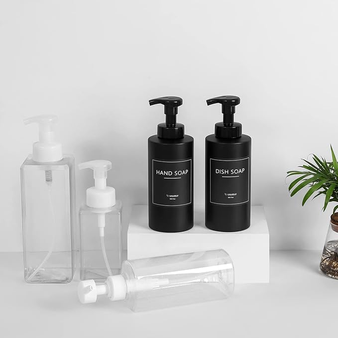 UUJOLY Foaming Soap Dispenser, 17 OZ Refillable Plastic Soap Pump Bottle for Liquid Soap, Shampoo, Body Wash, 2 Pcs, Black