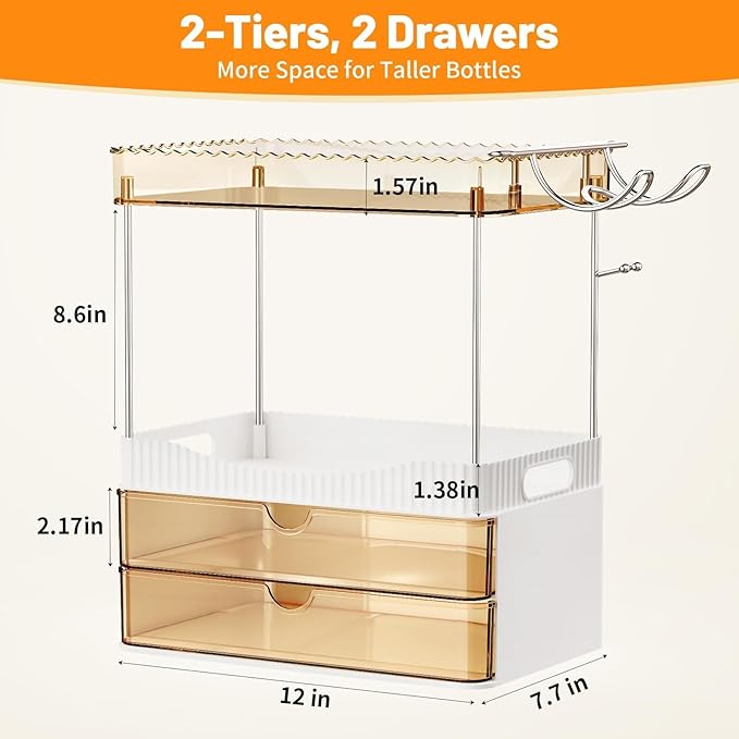 Bathroom Counter Organizer with Hair Dryer Holder, 2 Tier Storage Drawers