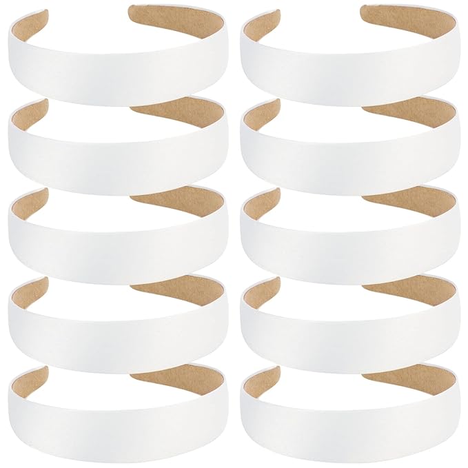 Wecoe 10 Pack White Headband 1 Inch Wide Satin Headbands Women Non Slip Fashion Plain Head Bands Solid Hair Bands DIY Holiday Hair Accessories for Women Girls Diademas Para Mujer