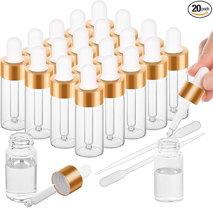 20 Pack Mini Dropper Bottle for Cuticle Oil, 10ml Small Sample Essential Oil Dropper Bottles for Travel, Clear Empty Vails for Cosmetic Perfume