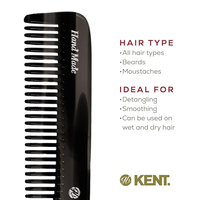 Kent 6T Black Graphite Fine Tooth and Wide Tooth Hair Comb, Handmade Styling Comb for Hair Care, Barber Combs, Beard Combs For Men, Styling Grooming for Men, Women and Kids