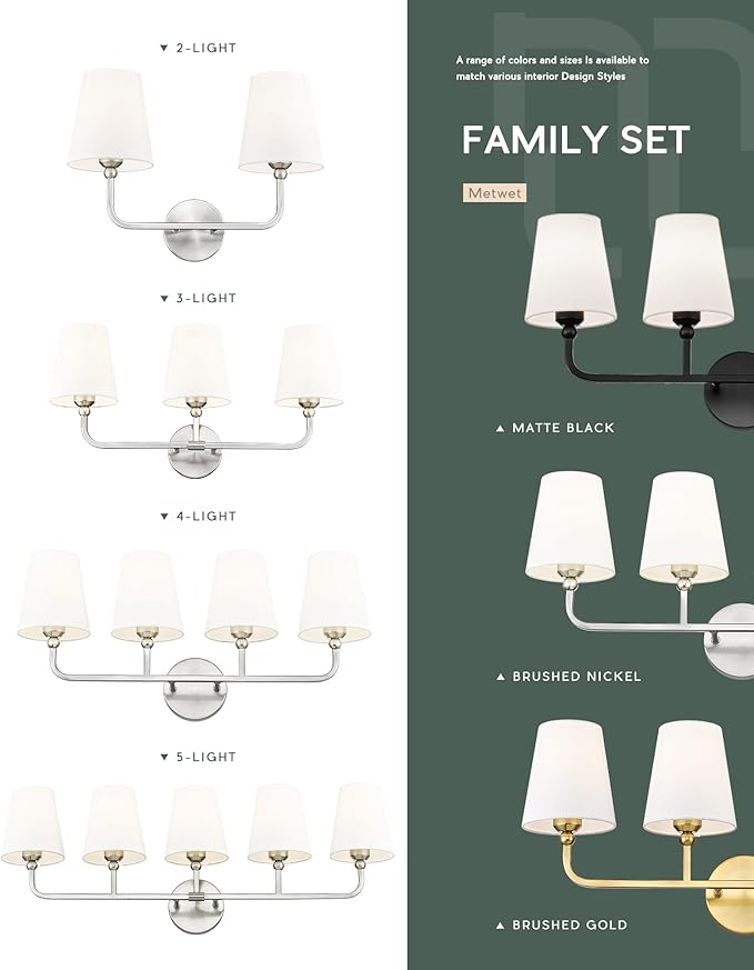 Bathroom Light Fixtures, 5 Light Brushed Nickel Vanity Lights with Flared White Fabric Shade, 35 Inch Wall Sconce, Modern Sconces Wall Lighting for Hallway Bedroom, VL837-BN-5