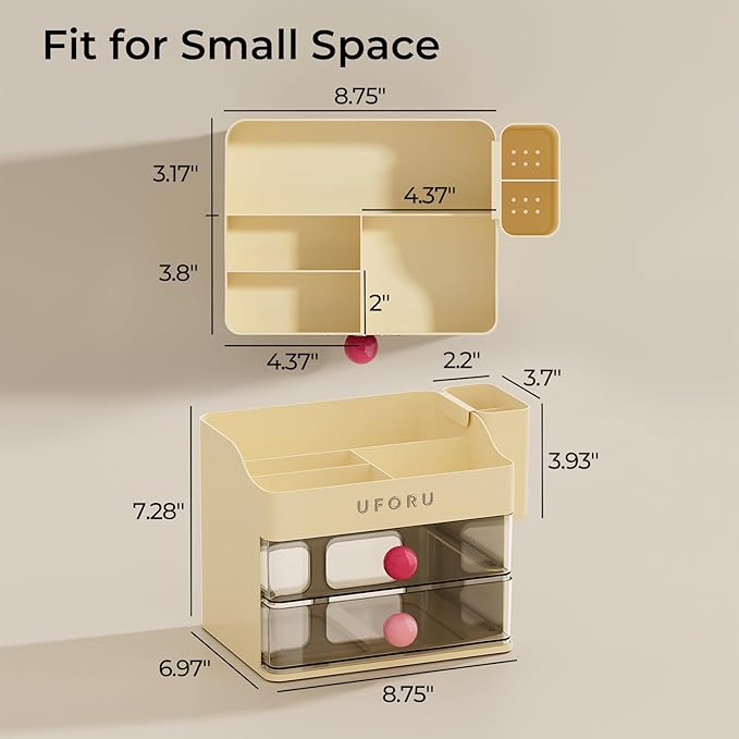 UFORU Makeup Organizer for Vanity with Brush Holder, Countertop Skincare Organizer with 2 Drawers, Spacious Cosmetic Display Case for Perfumes, Eyeshadow Palettes, Nail Polishes