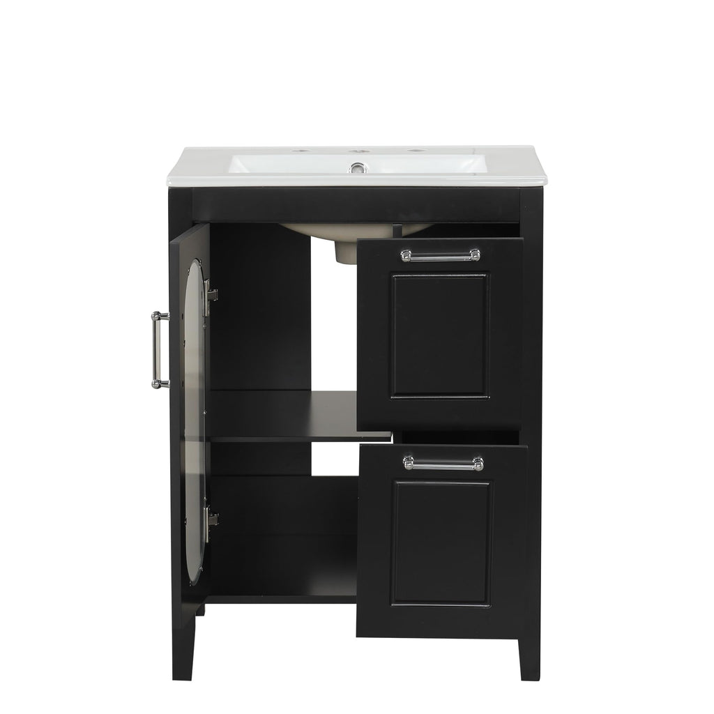Harper & Bright Designs 24" Bathroom Vanity with Sink, Free Standing Single Basin Vanity Set with Two Drawers and Glass Door, Modern Wooden Bathroom Cabinet with Ceramic Basin for Bathroom, Black