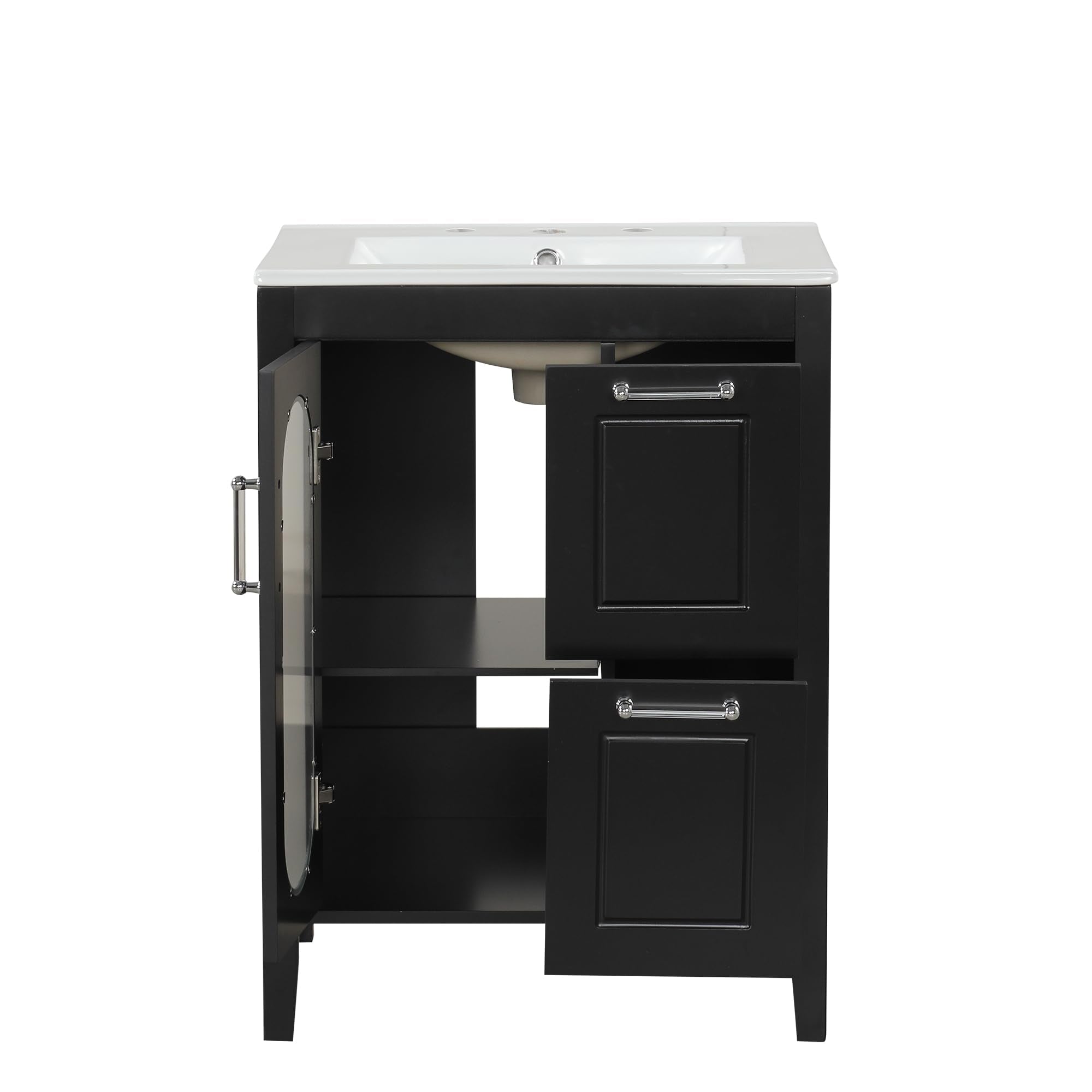 Harper & Bright Designs 24" Bathroom Vanity with Sink, Free Standing Single Basin Vanity Set with Two Drawers and Glass Door, Modern Wooden Bathroom Cabinet with Ceramic Basin for Bathroom, Black