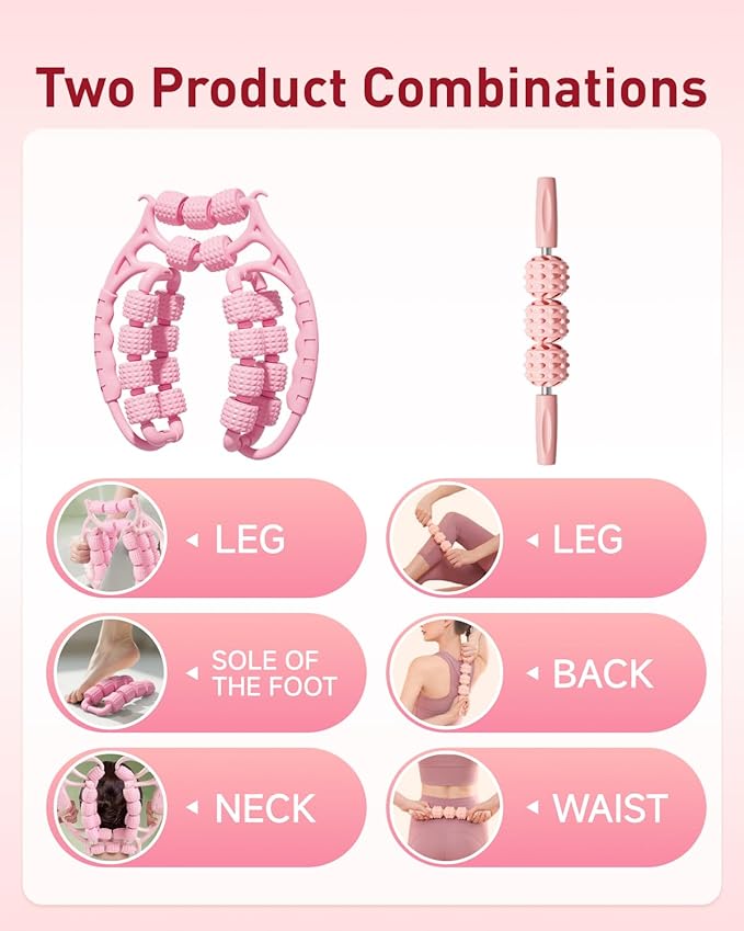 AwnPror Massage Roller for Legs,21 Wheel Circular Leg Clamp+3 Wheel Massage Roller Stick Lymphatic Massage for Relieve Soreness Stiffness Tight Muscles Deep Tissue-Pink