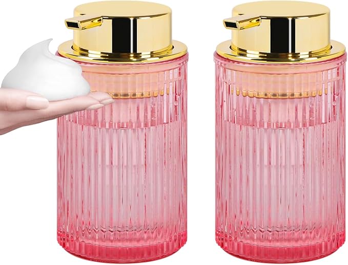 Tonxus Foaming Soap Dispenser, 12 Oz Pink Glass Soap Dispenser, 2pcs Refillable Liquid Lotion Container Foam Pump Bottle Decorative Modern Slim Ribbed Bottle for Bathroom and Kitchen