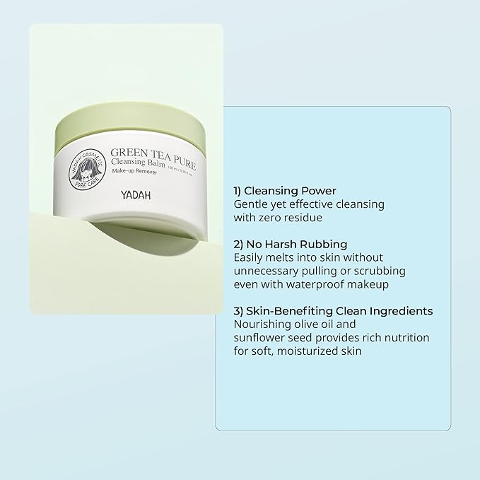YADAH Green Tea Cleansing Balm (3.38 fl oz) - Makeup & Sunscreen Remover, Sorbet-to-Oil-to-Milk Cleanser with Less Rubbing, Thorough Rinse, Soft Finish, Olive, Sunflower, Jojoba Oils & Green Tea