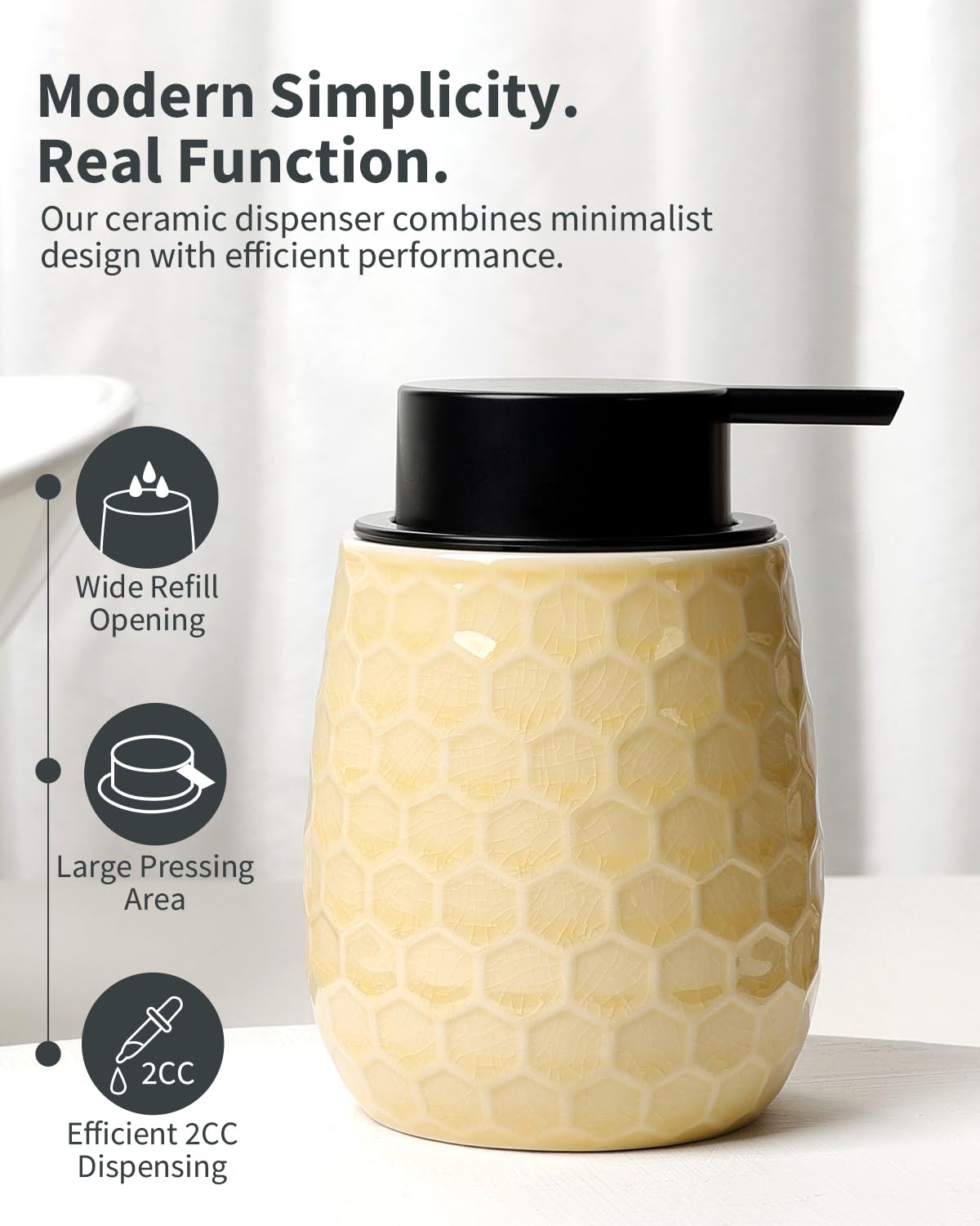 Soap Dispenser, 12OZ Ceramic Liquid Ice Crack Yellow Hand Soap Dispenser with Honeycomb Design for Kitchen or Bathroom, Refillable Dish Lotion Dispenser, ANTIS'S HOME