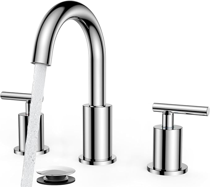 FORIOUS Chrome Bathroom Faucet 3 Hole, 8 Inch Widespread Bathroom Sink Faucet Polished Chrome 6 in with Metal Pop Up Drain and 24" Supply Line, 360 Degree Swivel Gooseneck for 3 Hole Vanity Sink RV