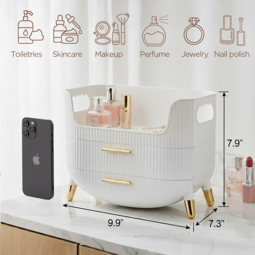 HALAFE Makeup Organizer with Drawers, Skincare Storage Box for Vanity, Multiple Compartments, Portable Cosmetic Display Case with Handle, Large Make up Organizers for Dresser, Bathroom, Bedroom, White